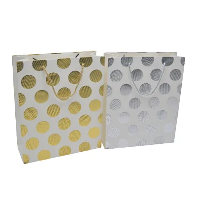 Sac pelliculé blanc pois embossés or poignées cordelette dorées 26 x 10 x 32 cm – Paquet de 20 - Sacs pelliculés à motifs-1