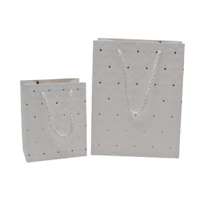 Sacs pelliculés blancs embossés fleurs pois or poignées cordelette 12+7x15 cm 210g/m² – Paquet de 20 - Sacs pelliculés à motifs-1