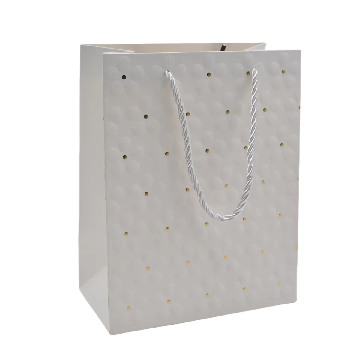 Sacs pelliculés blancs embossés fleurs pois or poignées cordelette 18+10x23 cm 210g/m² – Paquet de 20 - Sacs pelliculés à motifs
