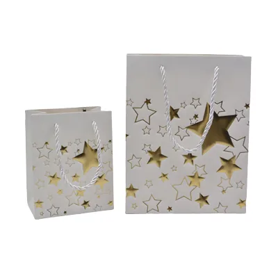 Sacs pelliculés blancs embossés étoiles or poignées cordelette 18+10x23 cm 210g/m² – Paquet de 20 - Sacs pelliculés à motifs-1