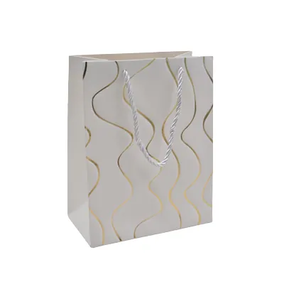 Sacs pelliculés blancs embossés vagues or poignées cordelette 12+7x15 cm 210g/m² – Paquet de 20 - Sacs pelliculés à motifs