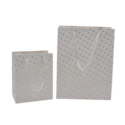 Sacs pelliculés blancs embossés pois or poignées cordelette 12+7x15 cm 210g/m² – Paquet de 20 - Sacs pelliculés à motifs-1