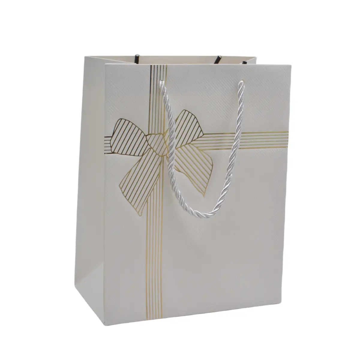 Sacs pelliculés blancs embossés nœud or poignées cordelette 18+10x23 cm 210g/m² – Paquet de 20 - Sacs pelliculés à motifs
