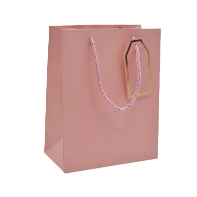 Sac pelliculé rose mat poignées cordelettes 26+12x32 cm 210g/m² – Paquet de 20 - Sacs pelliculés poignées cordelette