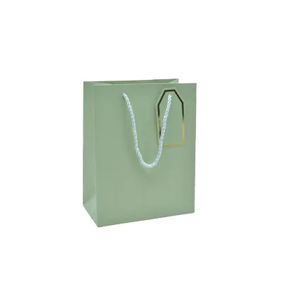 Sac pelliculé vert mat poignées cordelettes 12+7x15 cm 210g/m² – Paquet de 20 - Sacs pelliculés poignées cordelette
