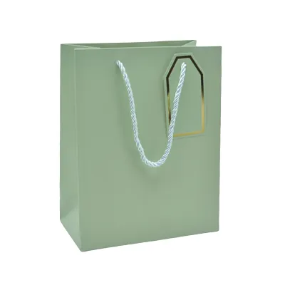 Sac pelliculé vert mat poignées cordelettes 26+12x32 cm 210g/m² – Paquet de 20 - Sacs pelliculés poignées cordelette
