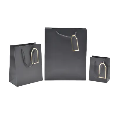 Sac pelliculé noir mat poignées cordelettes 26+12x32 cm 210g/m² – Paquet de 20 - Sacs pelliculés poignées cordelette-1