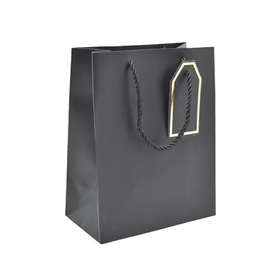 Sac pelliculé noir mat poignées cordelettes 18+10x23 cm 210g/m² – Paquet de 20 - Sacs pelliculés poignées cordelette