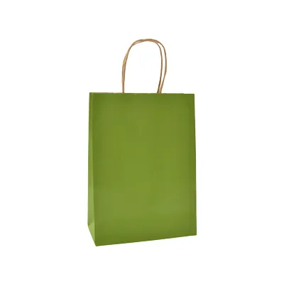 Sacs kraft vert olive poignées torsadées brunes 16x8x22cm – Paquet de 100 - Sacs kraft couleur poignées torsadées