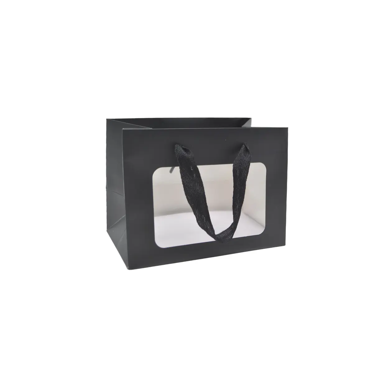 Sacs pelliculés noirs mat à fenêtre et poignées cotonnette – 18 x 11 x 13,5 cm - Paquet de 20 - Sacs pelliculés poignées cordelette