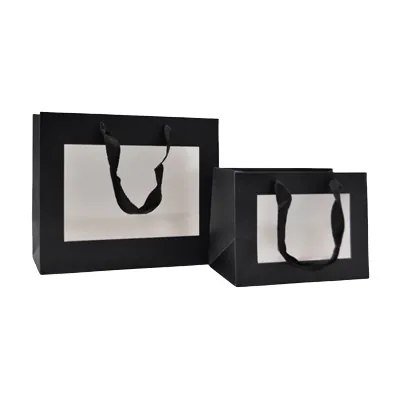 Sacs pelliculés noirs mat à fenêtre et poignées coton – 24 x 11 x 20 cm - Sacs pelliculés poignées cordelette-2