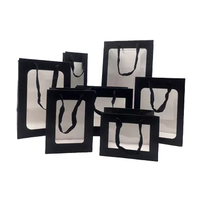 Sacs pelliculés noirs mats à fenêtre et poignées coton – 12 x 9 x 36 cm – Paquet de 20 - Sacs pelliculés poignées cordelette-1