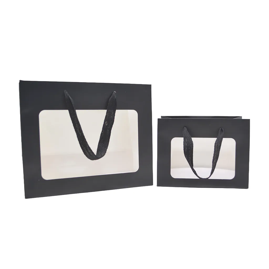 Sacs pelliculés noirs mat à fenêtre et poignées coton – 24 x 11 x 20 cm - Sacs pelliculés poignées cordelette-3