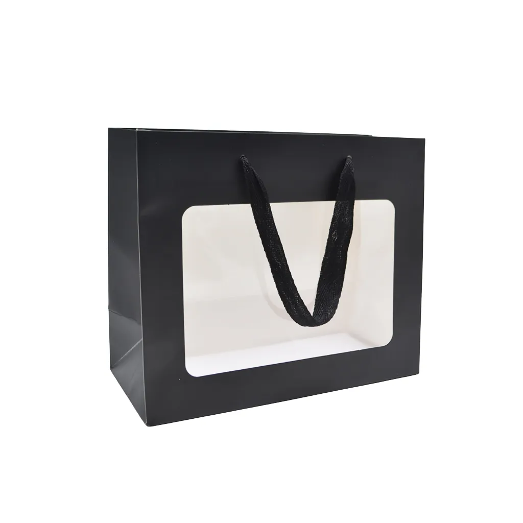 Sacs pelliculés noirs mat à fenêtre et poignées coton – 24 x 11 x 20 cm - Sacs pelliculés poignées cordelette