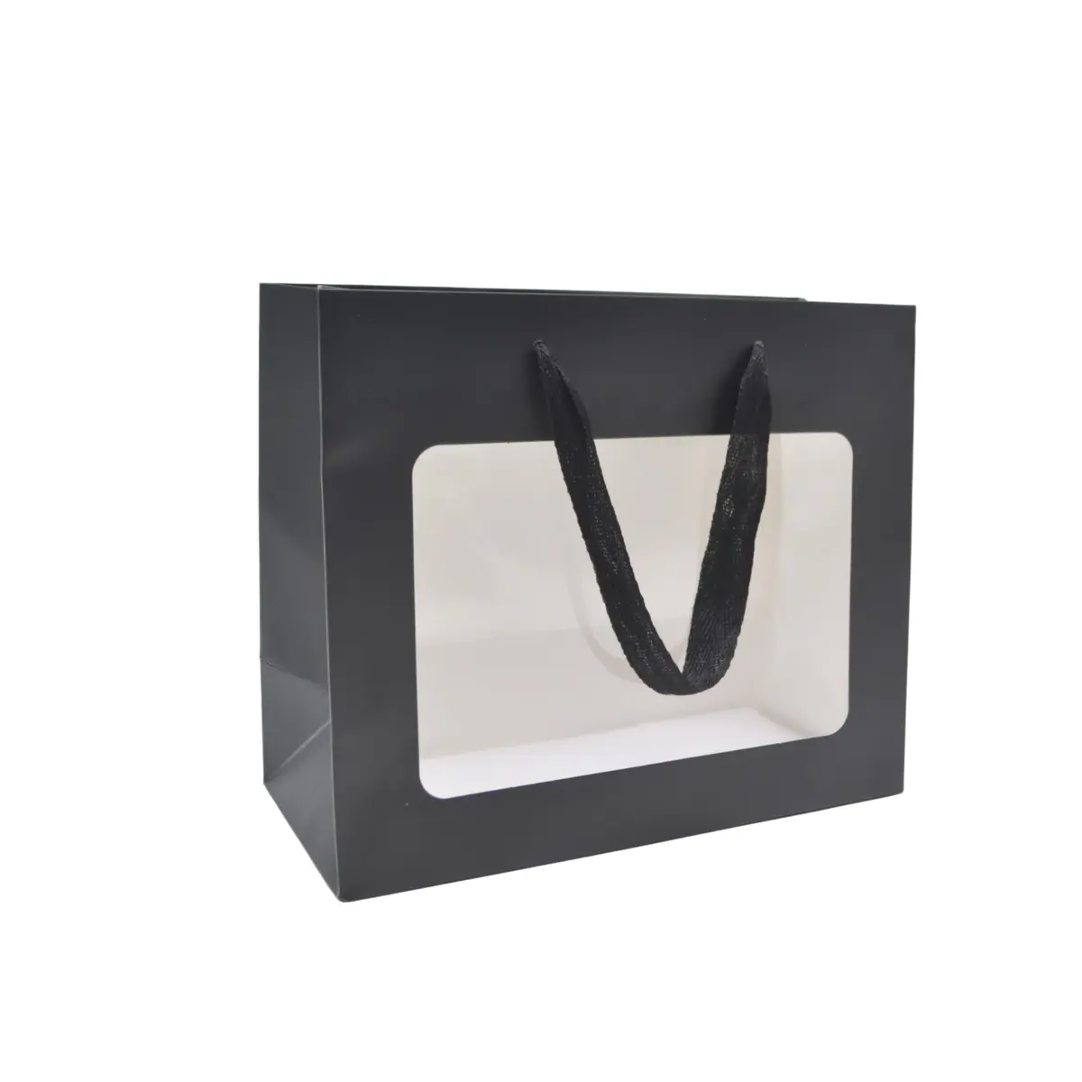 Sacs pelliculés noirs mat à fenêtre et poignées coton – 24 x 11 x 20 cm - Sacs pelliculés poignées cordelette