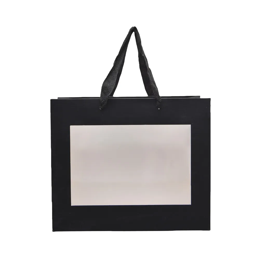 Sacs pelliculés noirs mat à fenêtre et poignées coton – 24 x 11 x 20 cm - Sacs pelliculés poignées cordelette-1