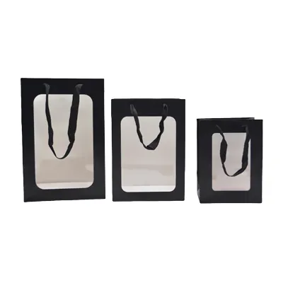 Sacs pelliculés noirs mats à fenêtre et poignées coton – 15 x 10 x 20 cm - Sacs pelliculés poignées cordelette-1