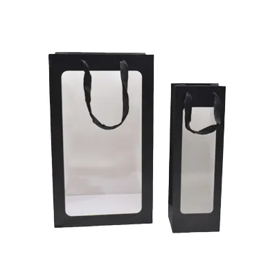 Sacs pelliculés noirs mats à fenêtre et poignées coton – 12 x 9 x 36 cm – Paquet de 20 - Sacs pelliculés poignées cordelette-2