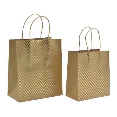 Sac cadeau kraft à chevrons dorés poignées torsadées 18x10x21 cm – Paquet de 20 - Sacs kraft à motifs-1