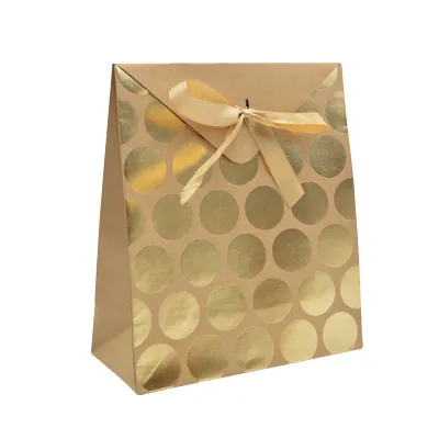 Pochette cadeau papier kraft brun à pois or avec rabat et ruban satiné 18x8x21cm – Paquet de 20 - Pochettes cadeaux luxe