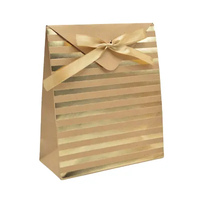 Pochette cadeau papier kraft brun à rayures or avec rabat et ruban satiné 18x8x21cm – Paquet de 20 - Pochettes cadeaux luxe