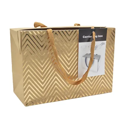 Boîte cadeau carton à poignées et chevrons or 23x11x16 cm - Valisette carton – Lot de 10 - Boites carton avec poignée
