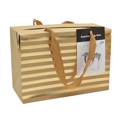 Boîte cadeau carton à poignées et rayures or 23x11x16 cm - Valisette carton – Lot de 10 - Boites carton avec poignée