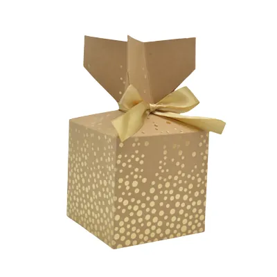 Boîte cadeau pliable kraft avec noeud intégré à pois or 10x10x10 cm - Boite cadeau origami - Lot de 20 - Boites cadeaux carton pliables