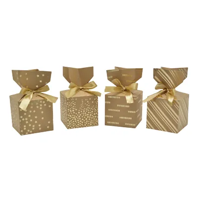 Boîte cadeau pliable kraft avec noeud intégré à rayures or 10x10x10 cm - Boite cadeau origami - Lot de 20 - Boites cadeaux carton pliables-1