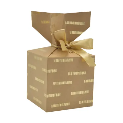 Boîte cadeau pliable kraft avec noeud intégré à rayures or parsemées 10x10x10 cm - Boite cadeau origami - Lot de 20 - Boites cadeaux carton pliables