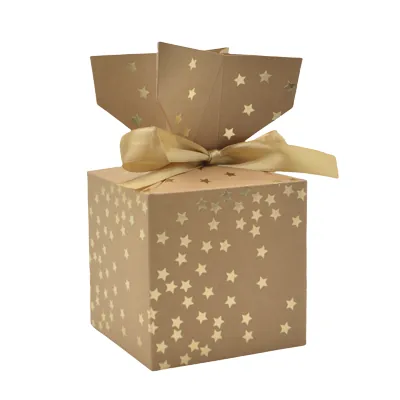 Boîte cadeau pliable kraft avec noeud intégré constellation d'étoiles or 10x10x10 cm - Boite cadeau origami - Lot de 20 - Boites cadeaux carton pliables