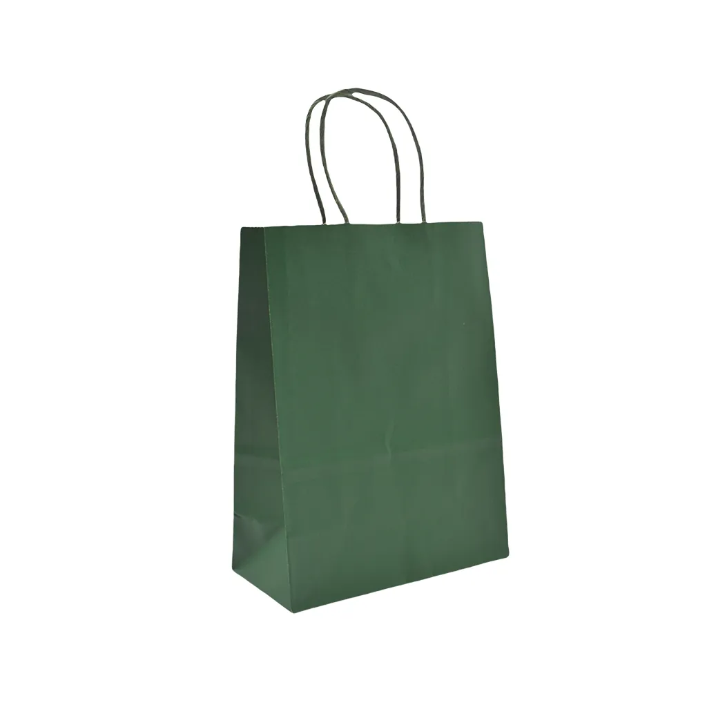 Sacs kraft vert foncé poignées torsadées 26+12x33 cm – Paquet de 100 - Sacs kraft couleur poignées torsadées