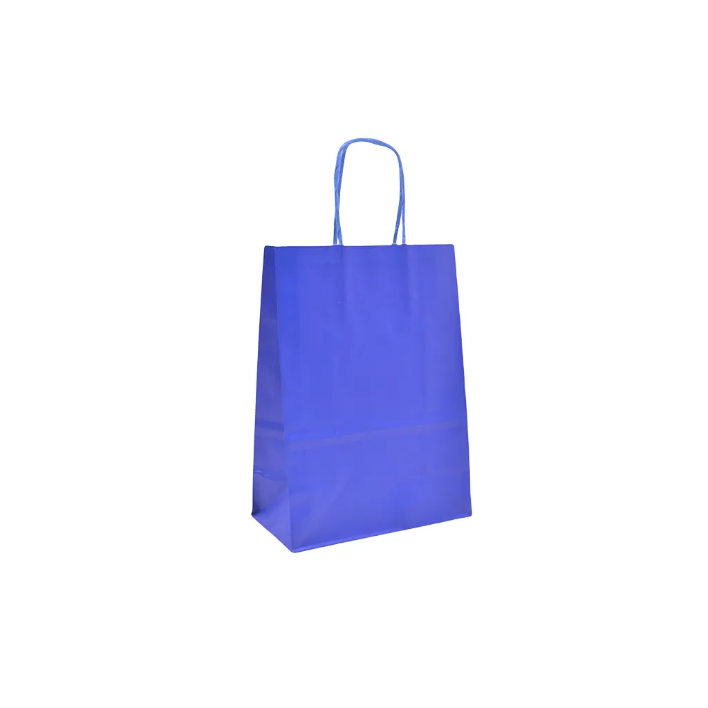 Sacs kraft bleu roi poignées torsadées assorties 16+8x22 cm – Paquet de 100 - Sacs kraft couleur poignées torsadées