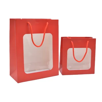 Sac pelliculé rouge mat à fenêtre 22 x 11 x 28 cm poignées cordelettes - Lot de 20 - Sacs pelliculés poignées cordelette-1