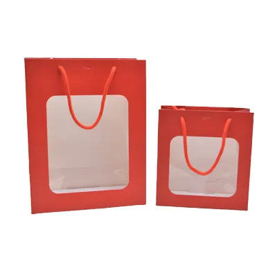 Sac pelliculé rouge mat à fenêtre 22 x 11 x 28 cm poignées cordelettes - Lot de 20 - Sacs pelliculés poignées cordelette-2