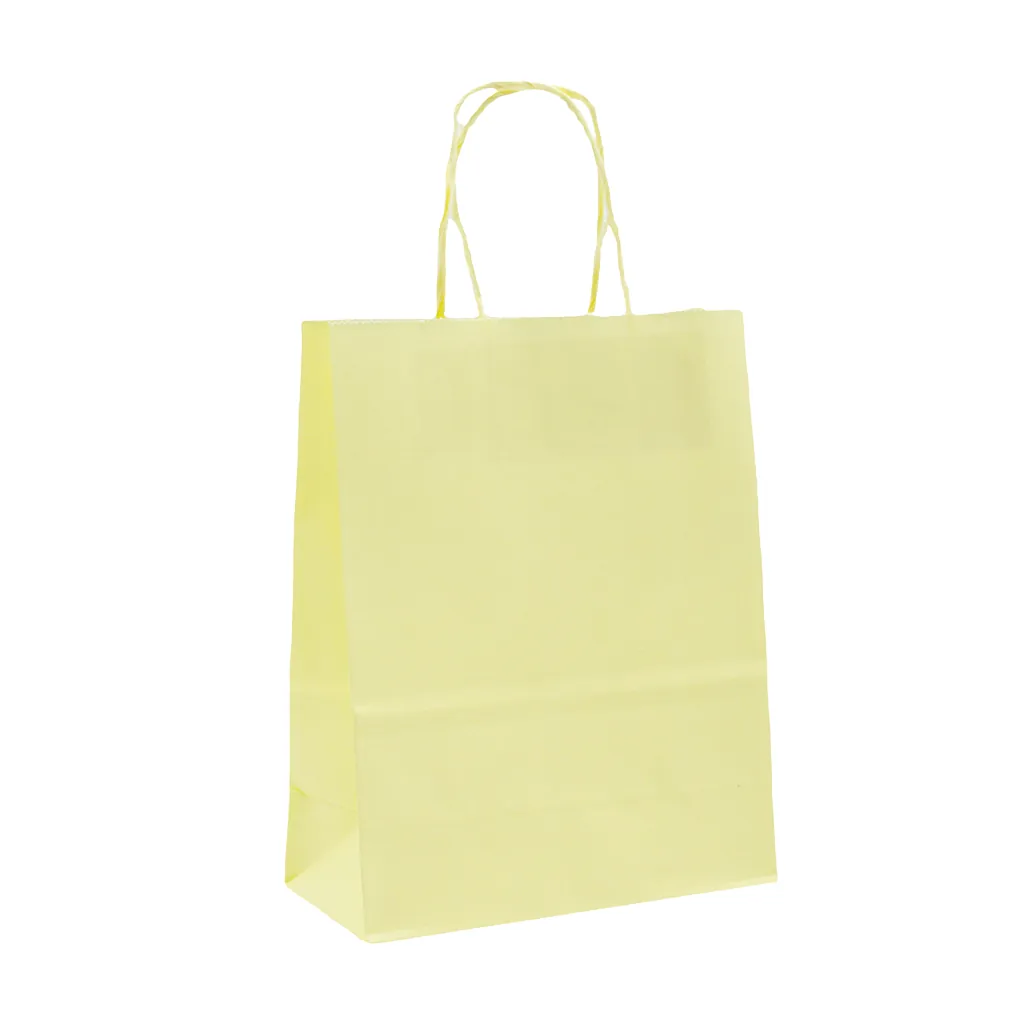 Sacs kraft jaune pastel poignées torsadées 26+12x33 cm 117g/m² – Paquet de 100 - Sacs kraft couleur poignées torsadées