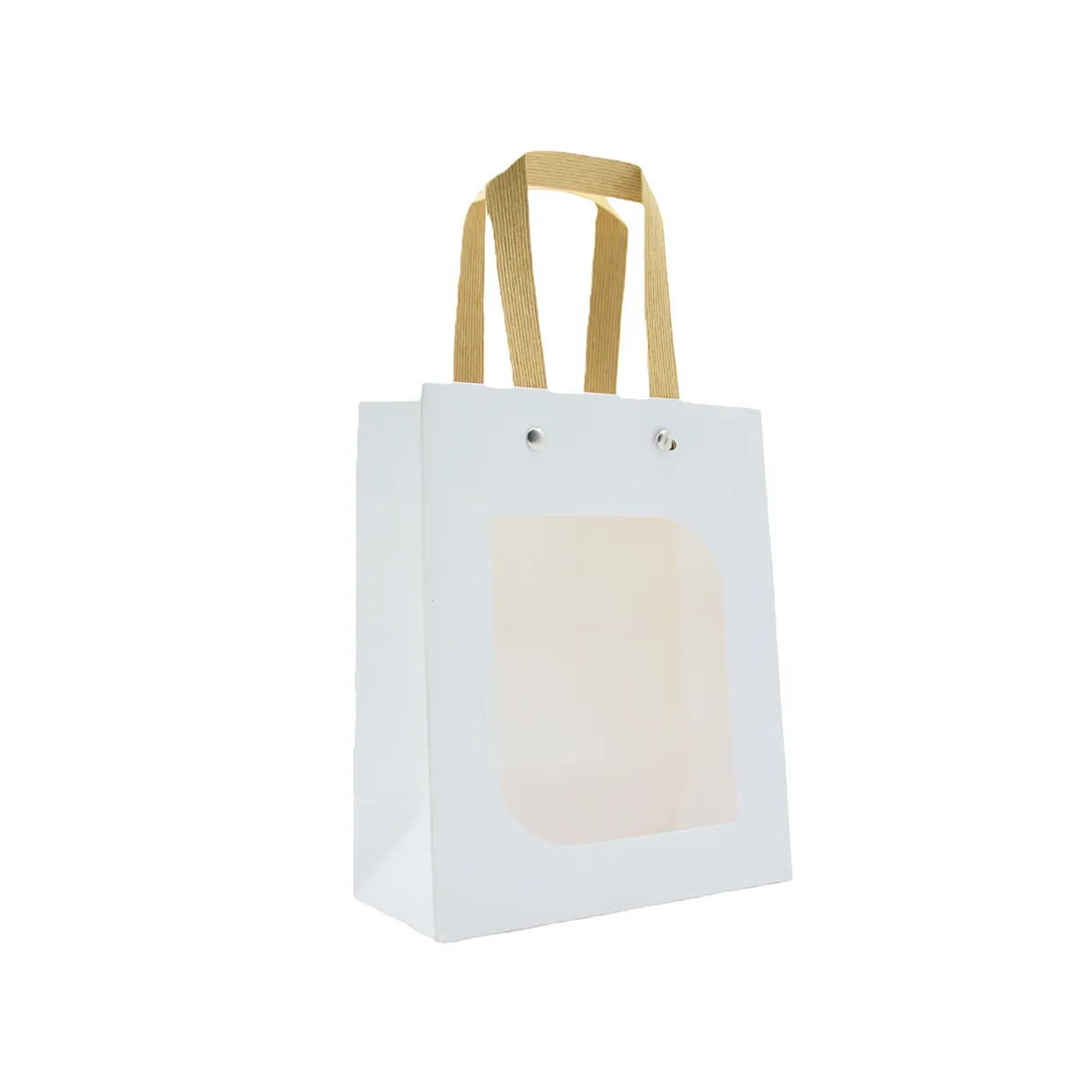 Sacs cadeaux kraft blanc à fenêtre et poignées brunes L 11 x P 8 x H 14 cm - Lot de 20 - Sacs kraft à fenêtre