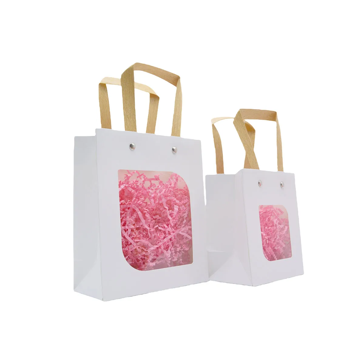 Sacs cadeaux kraft blanc à fenêtre et poignées brunes L 11 x P 8 x H 14 cm - Lot de 20 - Sacs kraft à fenêtre-1