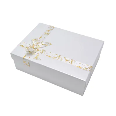 Boîte cloche blanc texturé nœud or – 26 x 19 x 8 cm – Paquet de 4 - Boites cloches