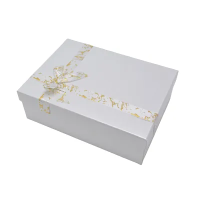 Boîte cloche blanche texturée nœud or 29 x 21 x 9,5 cm – Paquet de 4 - Boites cloches