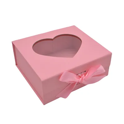 Boites cadeaux carton roses avec fenêtre cœur et ruban 20x18,2x8cm – Paquet de 5 - Boites cadeaux carton pliables