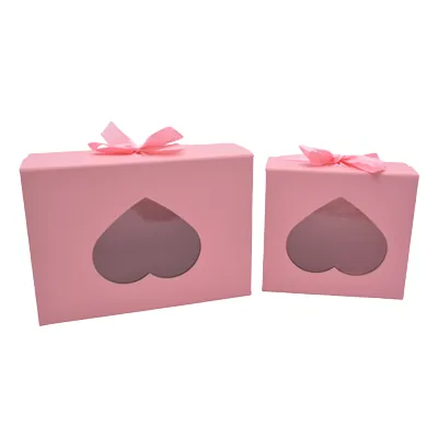 Boites cadeaux carton roses avec fenêtre cœur et ruban 28,2x20,2x9,2cm – Paquet de 5 - Boites cadeaux carton pliables-1