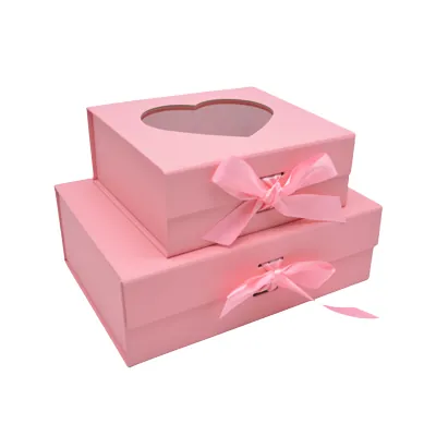 Boites cadeaux carton roses avec fenêtre cœur et ruban 20x18,2x8cm – Paquet de 5 - Boites cadeaux carton pliables-2