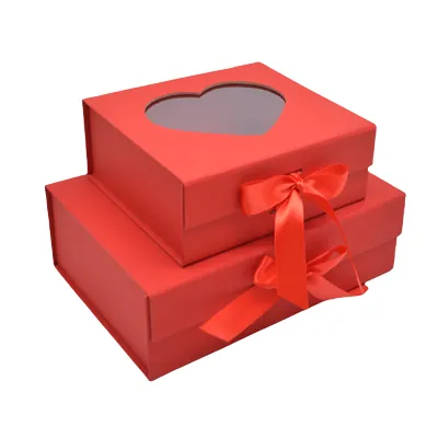 Boites cadeaux carton rouges avec fenêtre cœur et ruban 28,2x20,2x9,2cm – Paquet de 5 - Boites cadeaux carton pliables-2