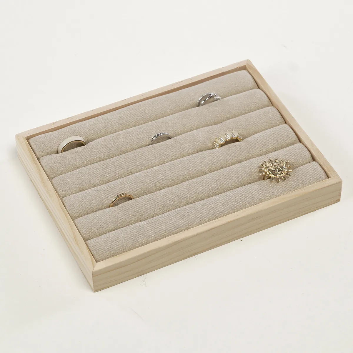 Plateau de présentation pour bagues bois et suédine 5 rangées 20 x 15 x 2,3 cm - Plateau rangement bagues - Présentoirs bagues-1