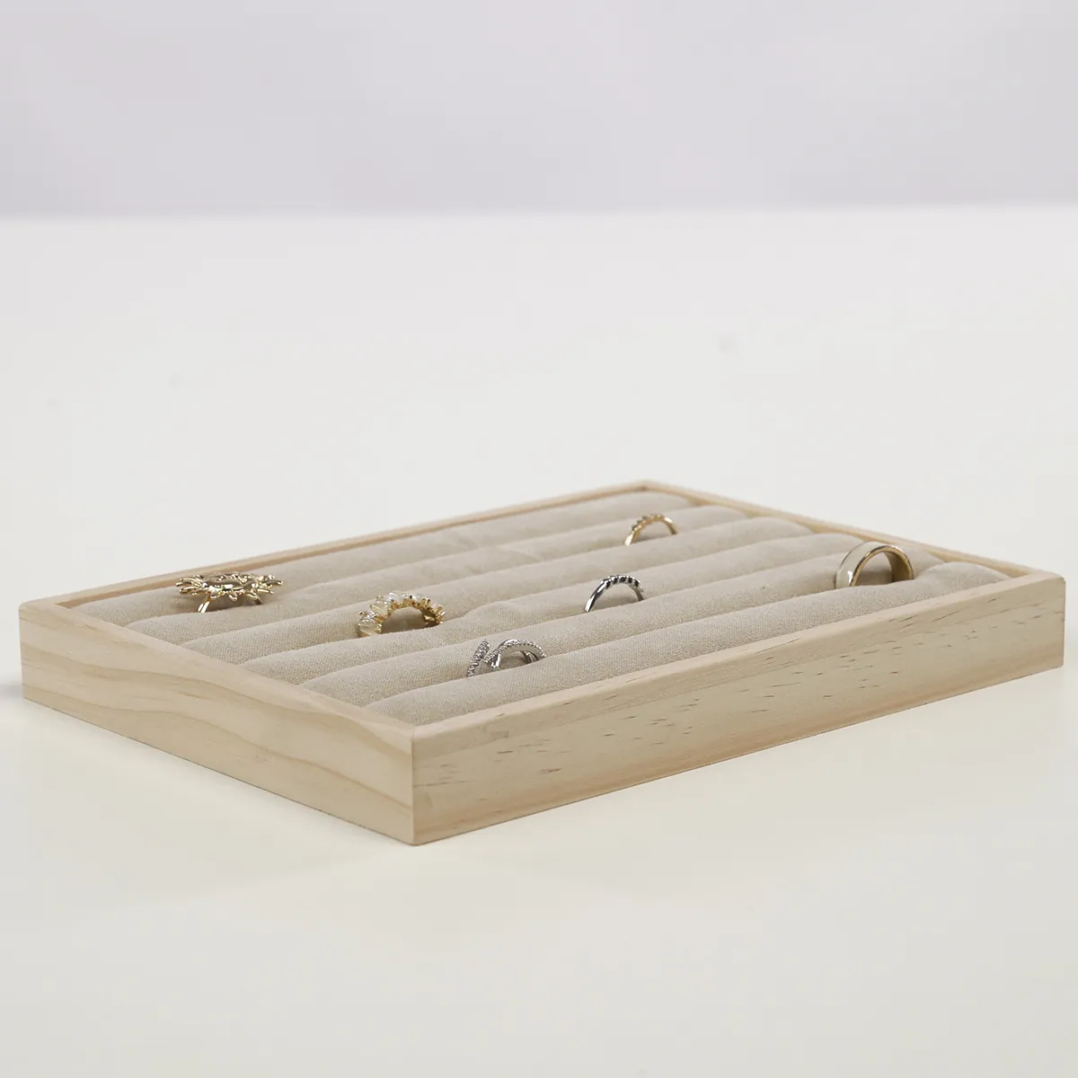 Plateau de présentation pour bagues bois et suédine 5 rangées 20 x 15 x 2,3 cm - Plateau rangement bagues - Présentoirs bagues-2