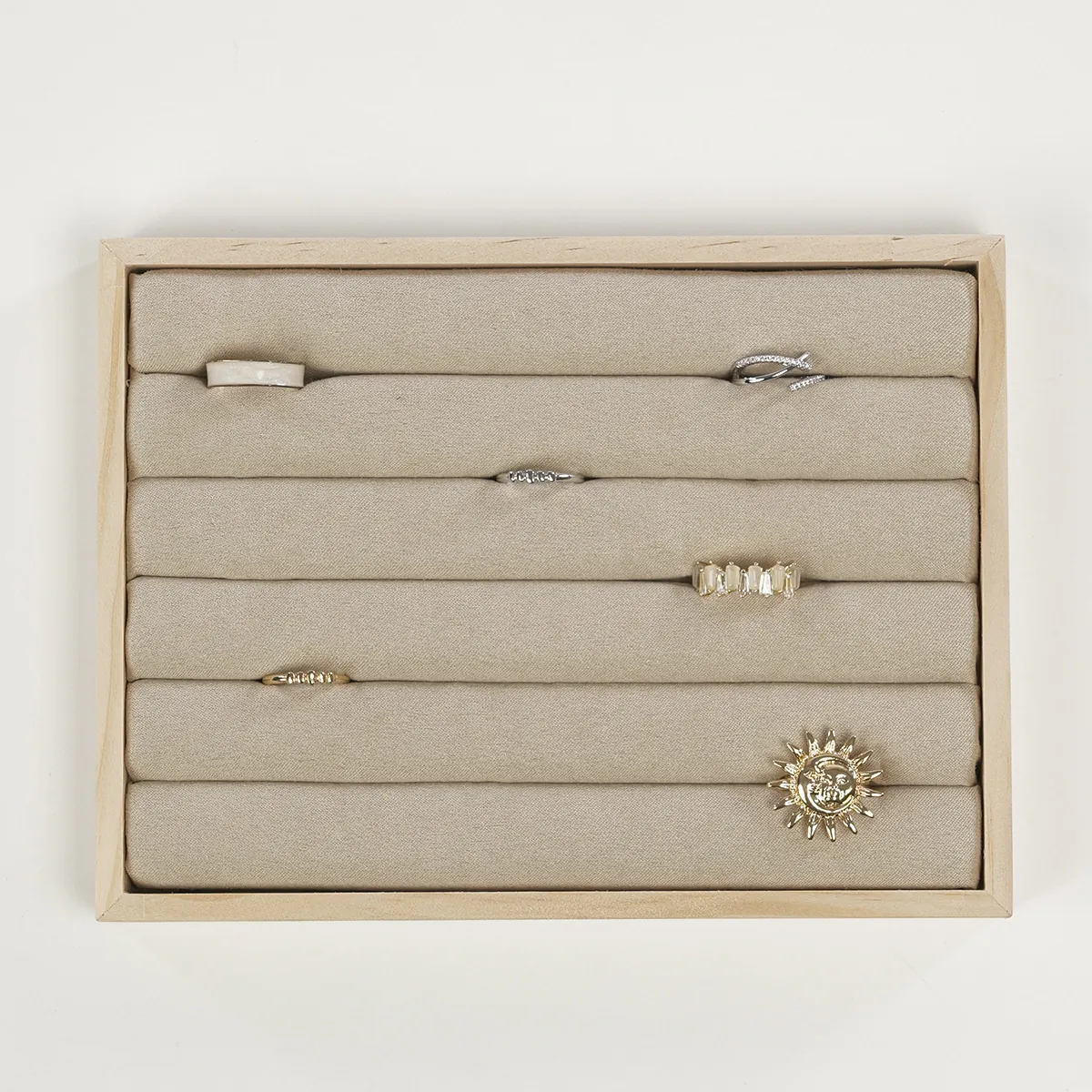 Plateau de présentation pour bagues bois et suédine 5 rangées 20 x 15 x 2,3 cm - Plateau rangement bagues - Présentoirs bagues-3