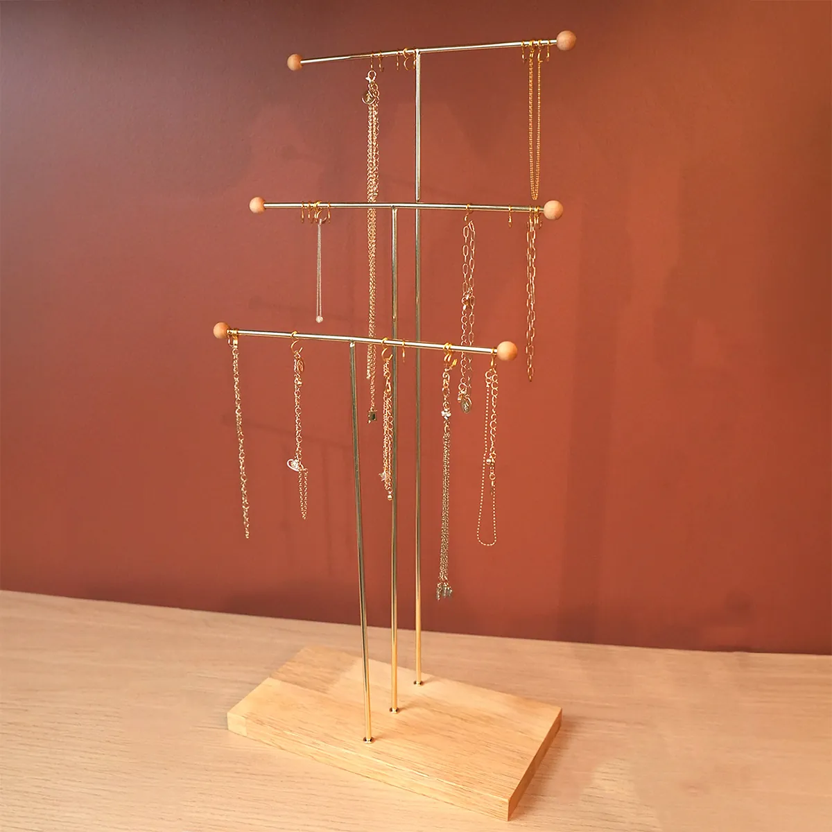 Présentoir bijoux 3 niveaux métal doré et bois – L 23 x P 12 x H 49,5 cm - Présentoirs à bijoux multifonction-2