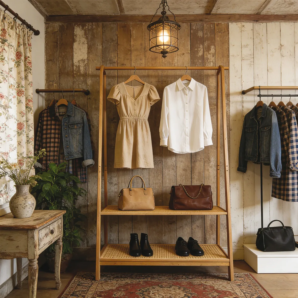 Portant vêtement bambou 100 x 48 x 170 cm avec 2 tablettes cannées – Portant penderie - Portants à vêtements droits-3