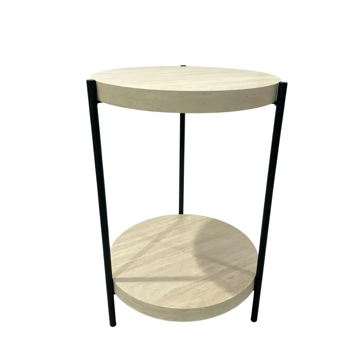Table de présentation 2 plateaux effet travertin ø 41,5 x H 60 cm – Table d’appoint 2 plateaux bois et métal - Tables de présentation, Sellettes